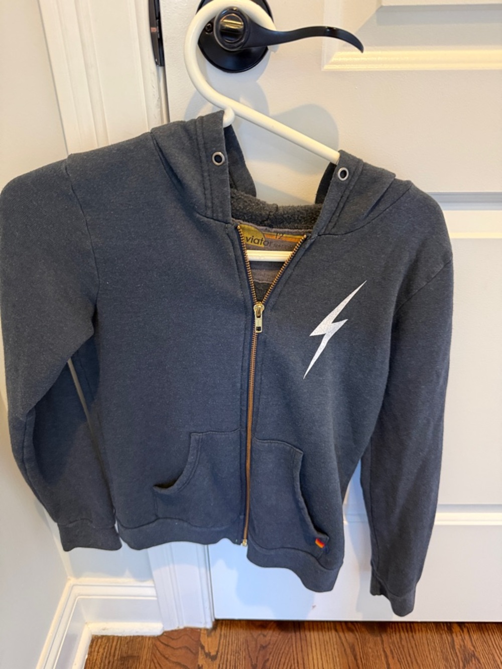 Aviator Nation Kids Charcoal Zip Hoodie with White Lightning Bolt